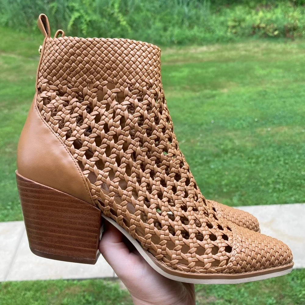 Michael Kors Augustine Tan Brown Woven Leather Ankle Bootie Western Style Boot